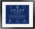 Sharp family name origin and history in Deep Blue with Black Matte Frame