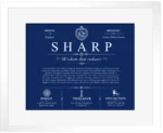 Sharp family name origin and history in Deep Blue with White Matte Frame
