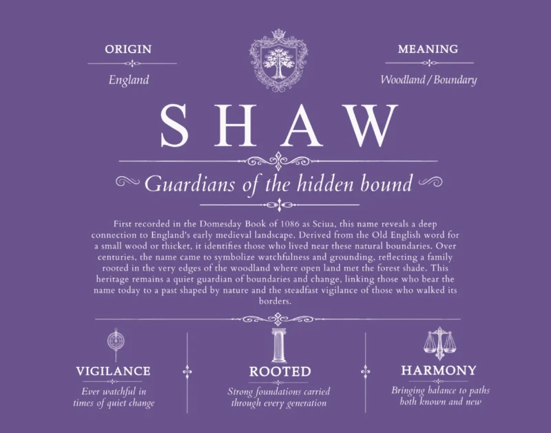 Shaw surname meaning origin and heritage in Purple