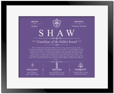 Shaw surname meaning origin and heritage in Purple with Black Matte Frame
