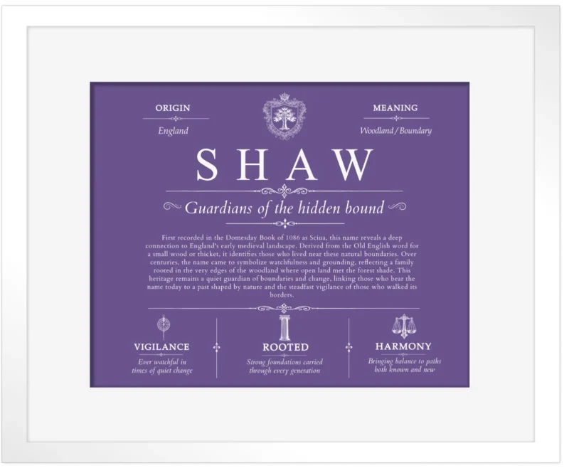 Shaw surname meaning origin and heritage in Purple with White Matte Frame