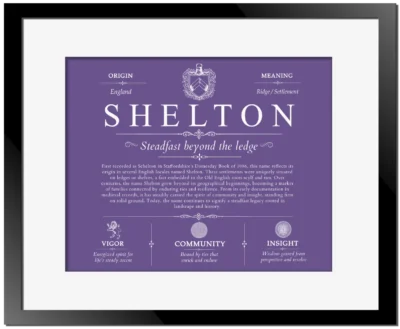 Shelton surname meaning and origin in Purple with Black Matte Frame