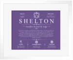 Shelton surname meaning and origin in Purple with White Matte Frame