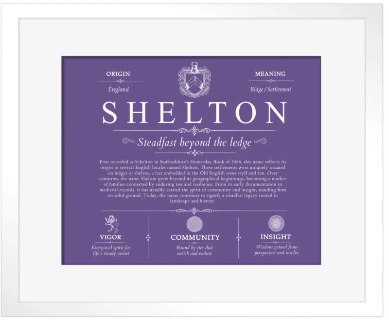 Shelton surname meaning and origin in Purple with White Matte Frame
