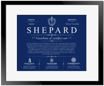 Shepard personalized family surname in Deep Blue with Black Matte Frame