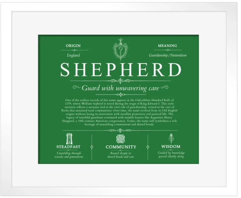 Shepherd personalized last name meaning in Dark Green with White Matte Frame