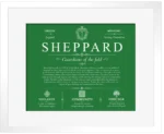 Sheppard family name origin and history in Dark Green with White Matte Frame