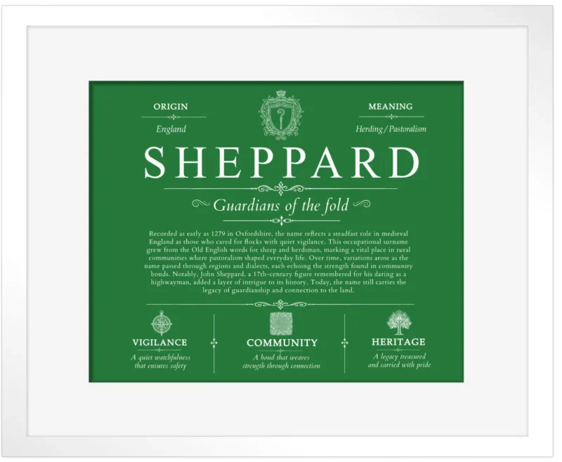 Sheppard family name origin and history in Dark Green with White Matte Frame