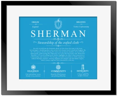 Sherman surname origin and family heritage in Blue with Black Matte Frame