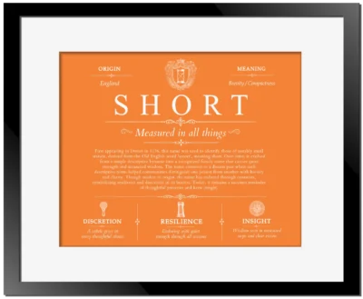 Short surname origin and history in Orange with Black Matte Frame