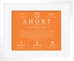 Short surname origin and history in Orange with White Matte Frame Short surname origin and history in Orange with White Matte Frame