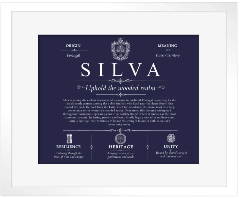 Silva family name origin and history in Navy Blue with White Matte Frame