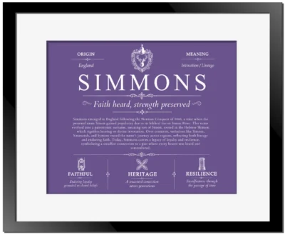 Simmons last name origin and heritage in Purple with Black Matte Frame