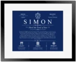 Simon surname origin and history in Deep Blue with Black Matte Frame