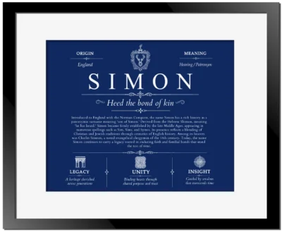 Simon surname origin and history in Deep Blue with Black Matte Frame