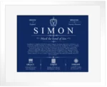 Simon surname origin and history in Deep Blue with White Matte Frame