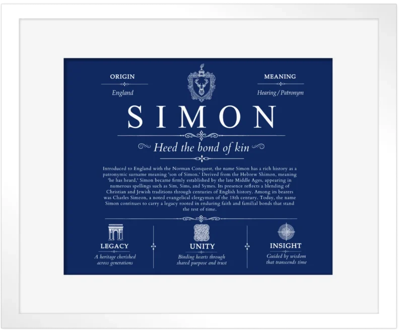 Simon surname origin and history in Deep Blue with White Matte Frame