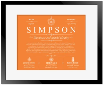 Simpson last name history and origin in Orange with Black Matte Frame
