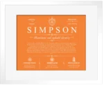 Simpson last name history and origin in Orange with White Matte Frame