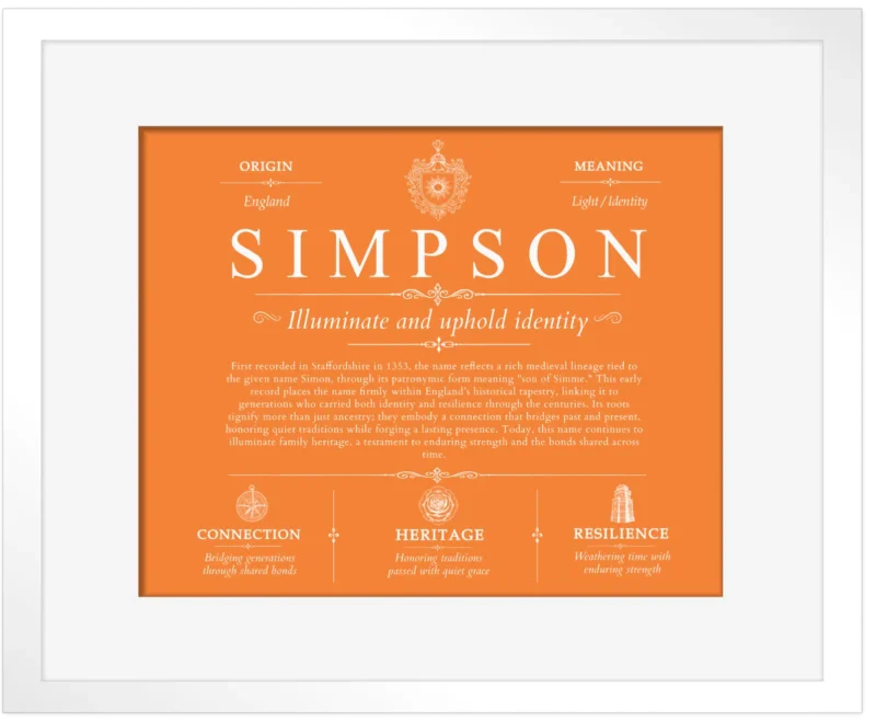 Simpson last name history and origin in Orange with White Matte Frame