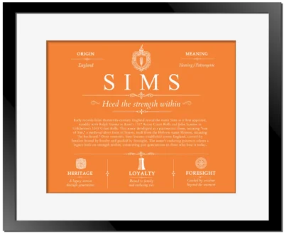 Sims personalized family surname in Orange with Black Matte Frame