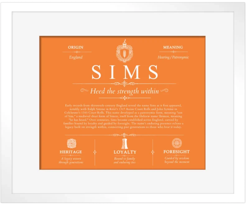 Sims personalized family surname in Orange with White Matte Frame