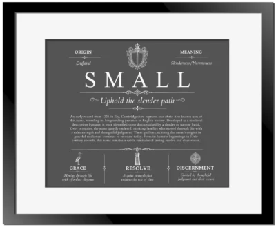 Small family name meaning and origin in Gray with Black Matte Frame