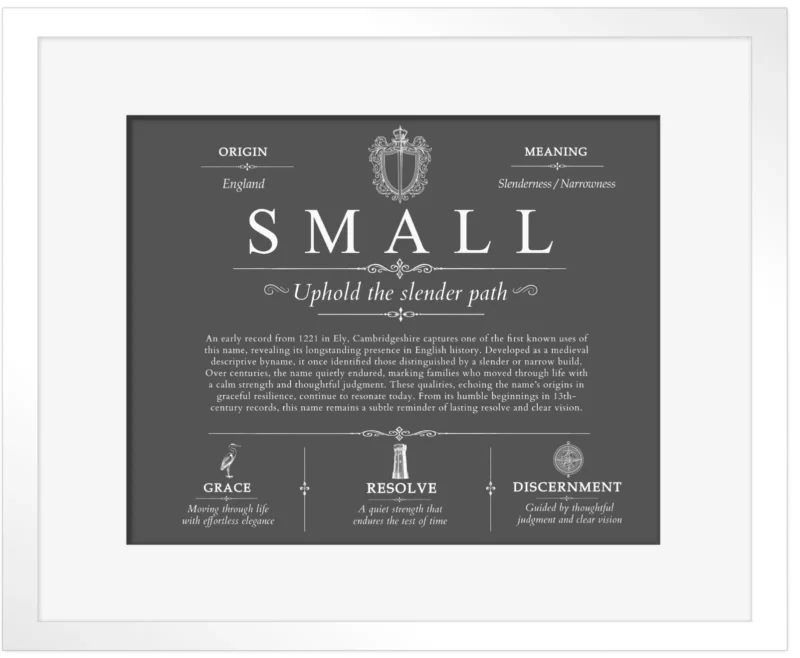 Small family name meaning and origin in Gray with White Matte Frame