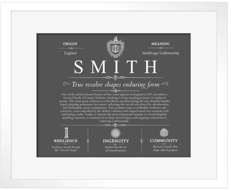 Smith surname meaning and origin in Gray with White Matte Frame