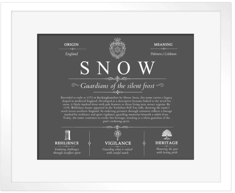 Snow surname history and family heritage in Gray with White Matte Frame