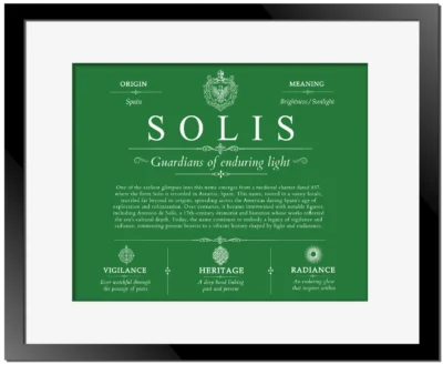 Solis personalized last name meaning in Dark Green with Black Matte Frame