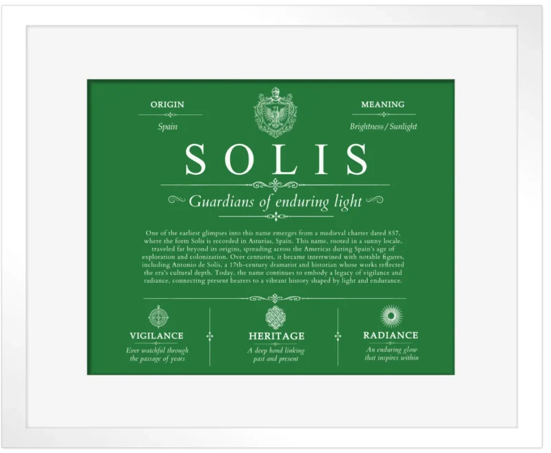 Solis personalized last name meaning in Dark Green with White Matte Frame