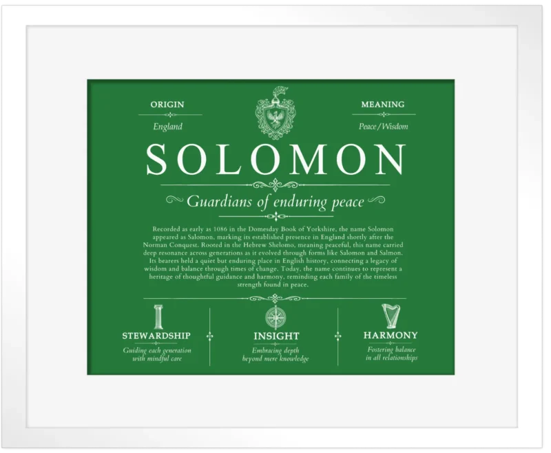 Solomon surname meaning history and origin in Dark Green with White Matte Frame