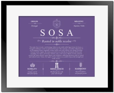 Sosa last name meaning and origin in Purple with Black Matte Frame