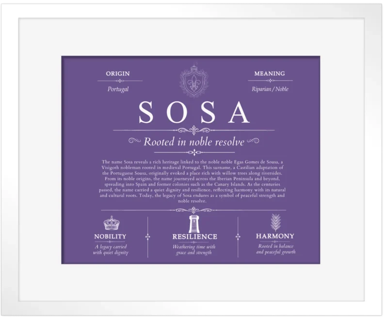 Sosa last name meaning and origin in Purple with White Matte Frame