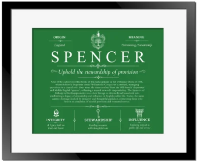 Spencer last name origin and heritage in Dark Green with Black Matte Frame