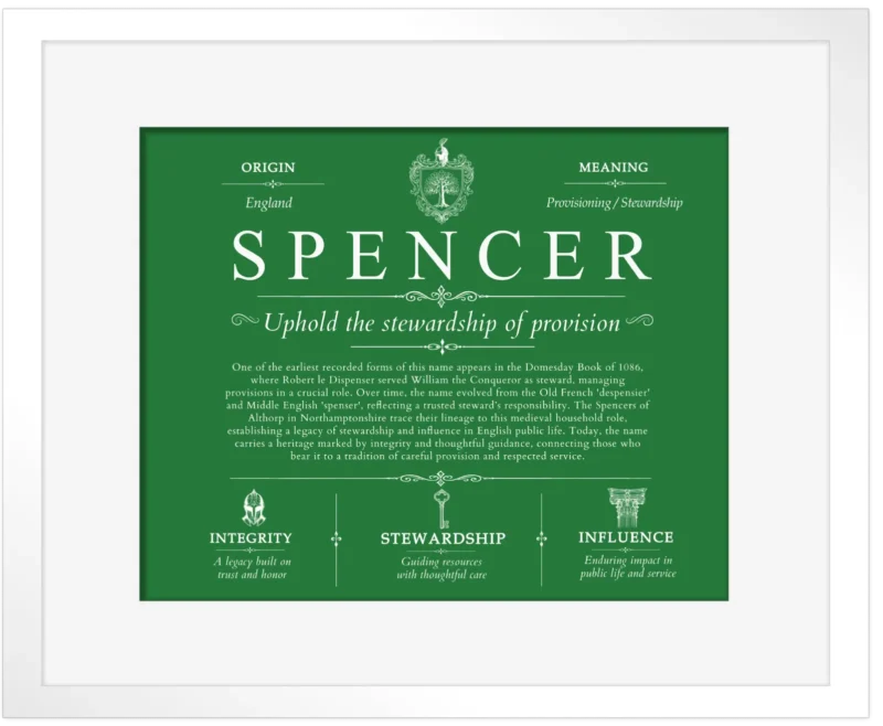Spencer last name origin and heritage in Dark Green with White Matte Frame
