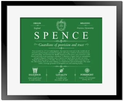 Spence surname origin and family heritage in Dark Green with Black Matte Frame