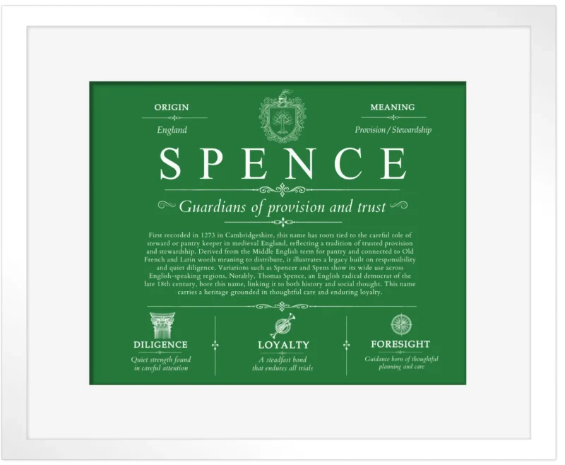 Spence surname origin and family heritage in Dark Green with White Matte Frame