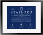 Stafford surname origin and family heritage in Deep Blue with Black Matte Frame