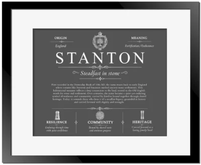 Stanton family name origin and history in Gray with Black Matte Frame