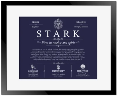 Stark last name meaning and origin in Navy Blue with Black Matte Frame