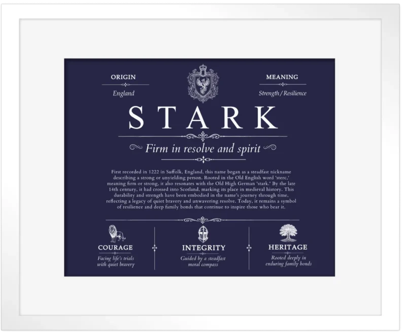 Stark last name meaning and origin in Navy Blue with White Matte Frame
