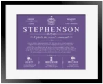 Stephenson surname origin and history in Purple with Black Matte Frame