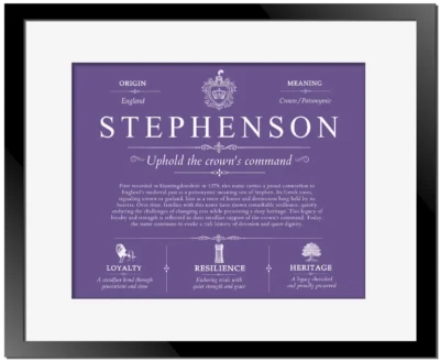 Stephenson surname origin and history in Purple with Black Matte Frame