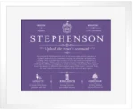 Stephenson surname origin and history in Purple with White Matte Frame