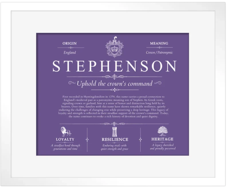 Stephenson surname origin and history in Purple with White Matte Frame