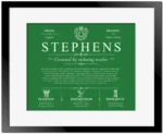 Stephens family name origin and history in Dark Green with Black Matte Frame