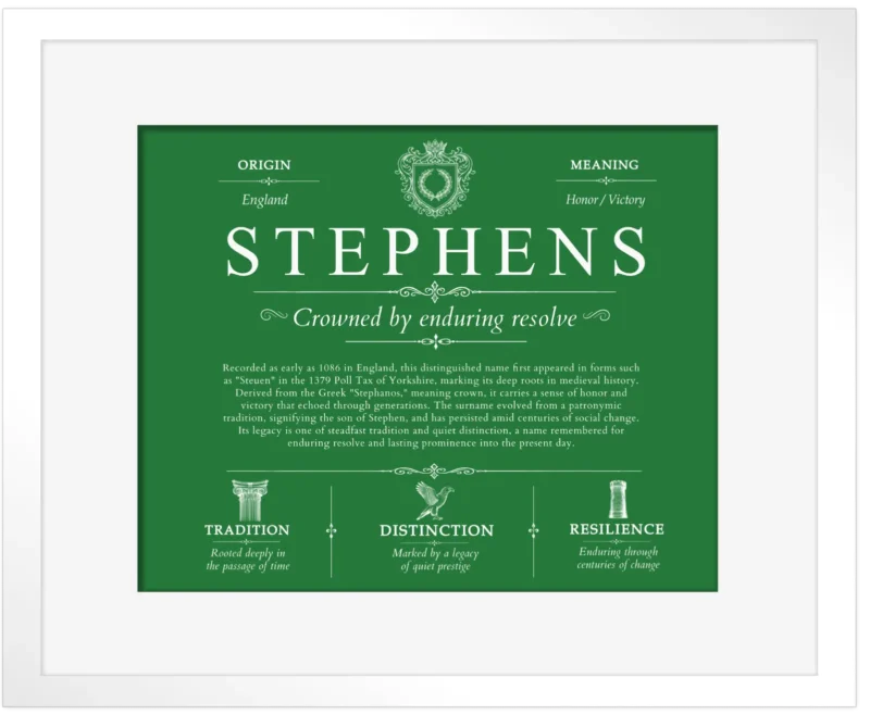 Stephens family name origin and history in Dark Green with White Matte Frame