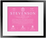 Stevenson surname meaning history and origin in Pink with Black Matte Frame